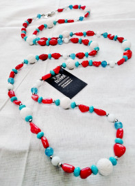 Necklace with coral, turquoise and lava