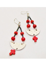 Earring with hematite and coral