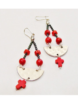 Earring with hematite and coral