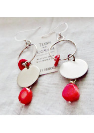 Art earring with red coral (disc)