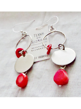 Art earring with red coral (disc)